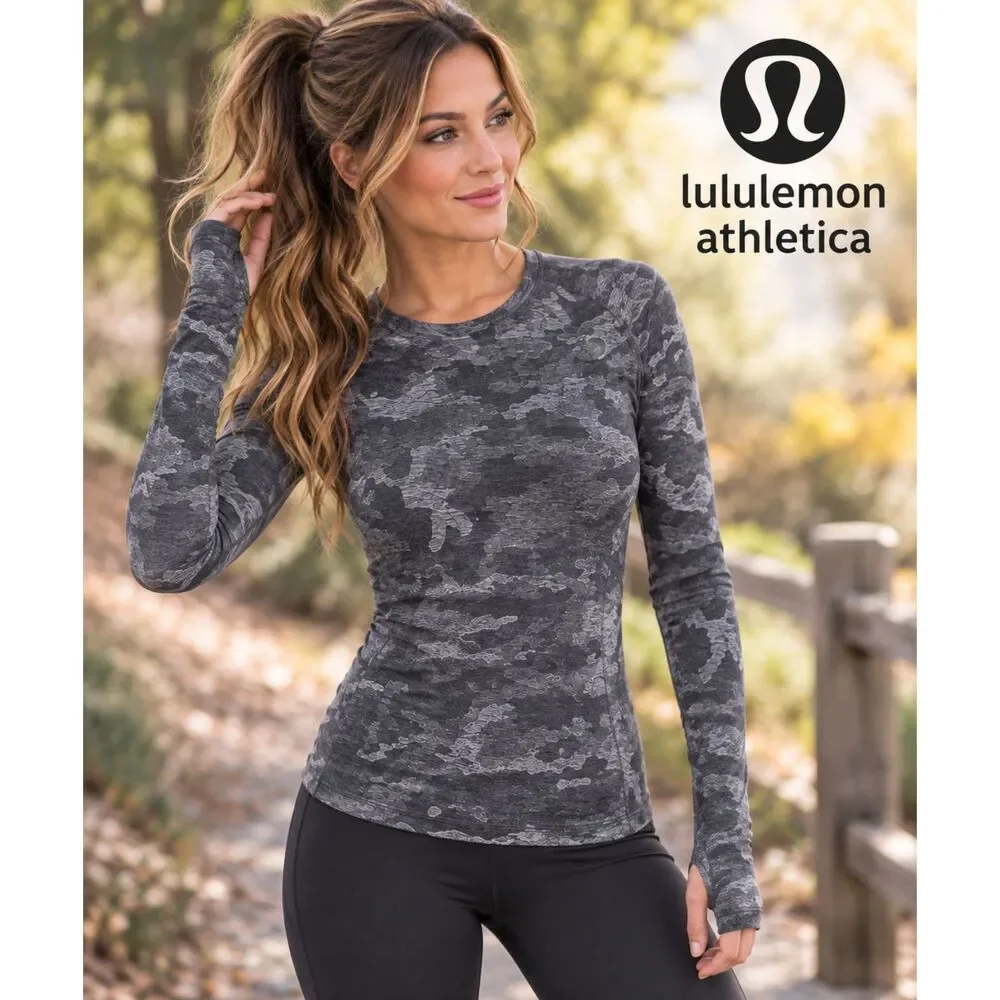 Lululemon Women’s 6 Gray Black Camo Long Sleeve Running Top Thumbholes Zip Pocke
